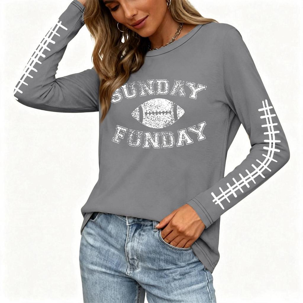 Women's Fashion Long Sleeve Neck Top with Rugby Graphic Print and Side Split Hem