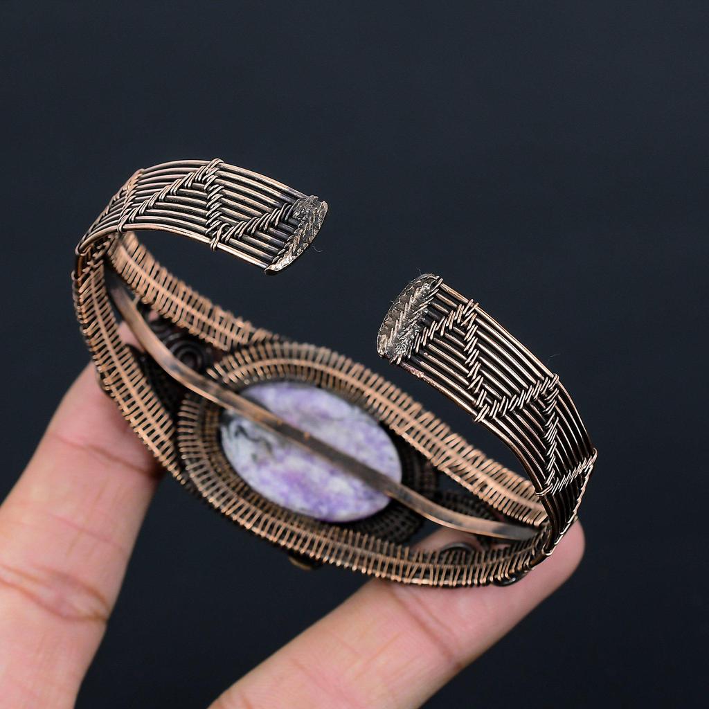 Bijuterii din piatră prețioasă din Thulite roz, învelită manual cu sârmă de cupru, manșetă/brățară pentru cadou