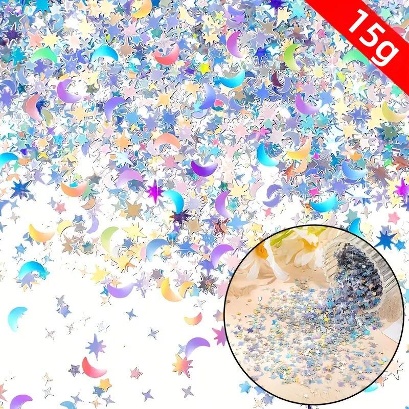

15g Star & Moon Party Confetti: Iridescent Metallic Glitter Foil Sequins for Festive Decorations - Suitable for Birthday,Wedding