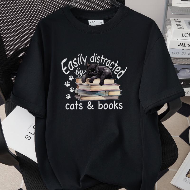 Trendiges Grenzüberschreitendes Katzen-Print-T-Shirt, 260g Reine Baumwolle, Kurzarm, Einfach 1002-45