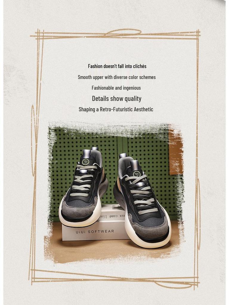 Men's Retro Genuine Leather Sneakers - Thick Sole, Breathable Mesh, All-Season Casual Fashion Shoes