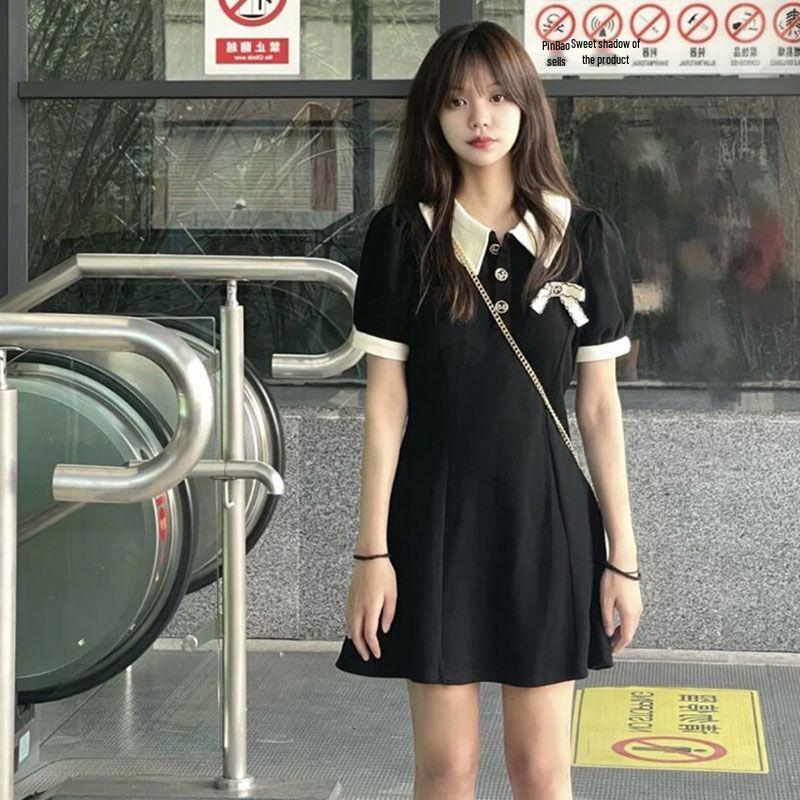 2026 Korean Style Petite Black Polo Dress: Women's Versatile A-line Trendy Short Skirt