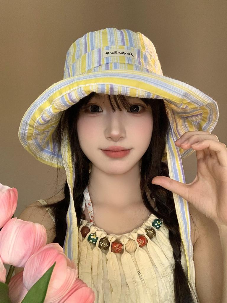 Sweet Star Strap Bucket Hat Women's Summer Hat Cute Sunshade Thin Big Brim Sunscreen Hat
