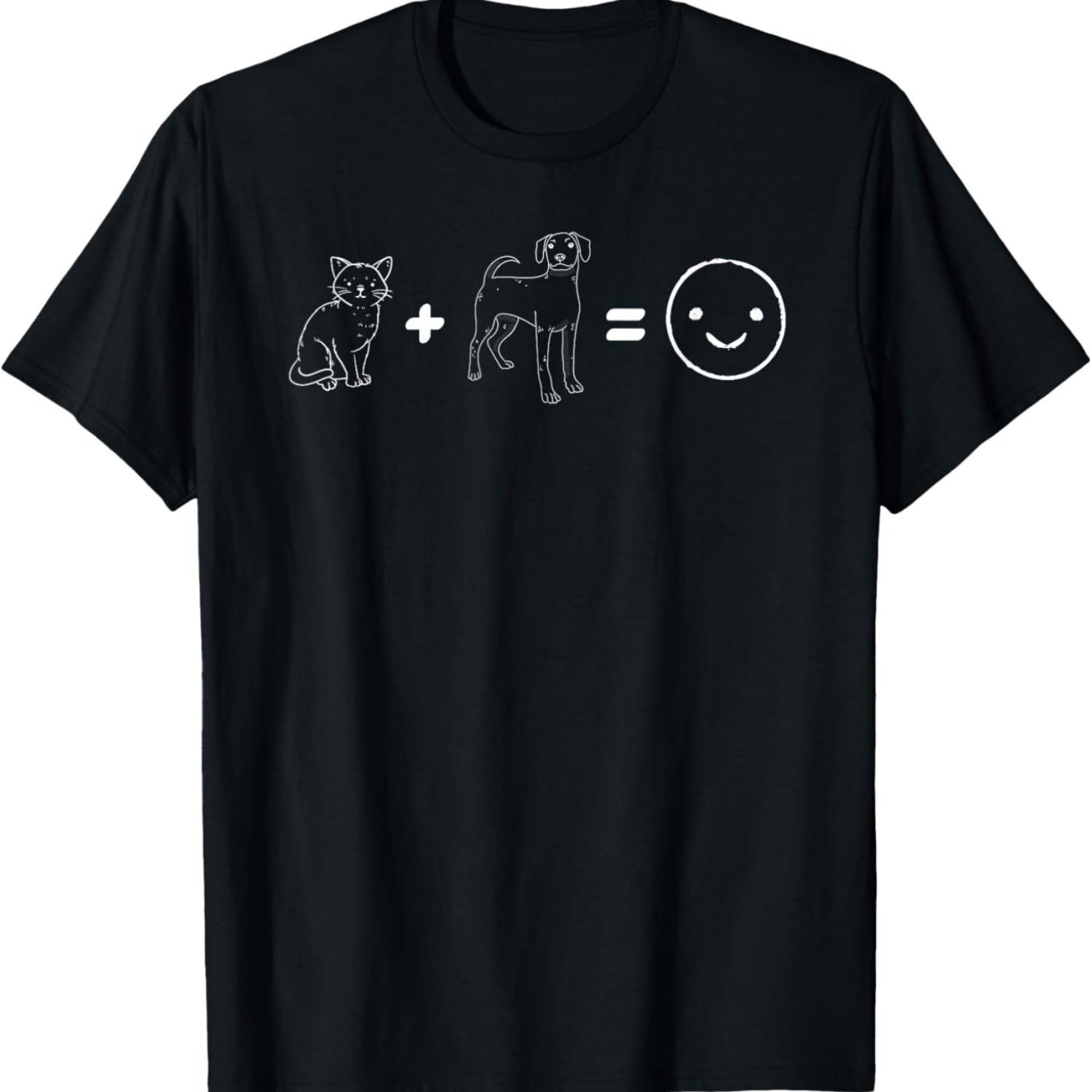 Cat + Dog = Happy I Funny Dog Meme Cat Meme T-Shirt S чёрный