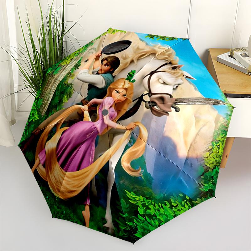 1pc Tangled Rapunzel & Flynn Rider Auto Open Close Umbrella, Portable 3-Fold Design with 8-Bone Iron Frame, Outdoor, for Fans, Travelers, Da