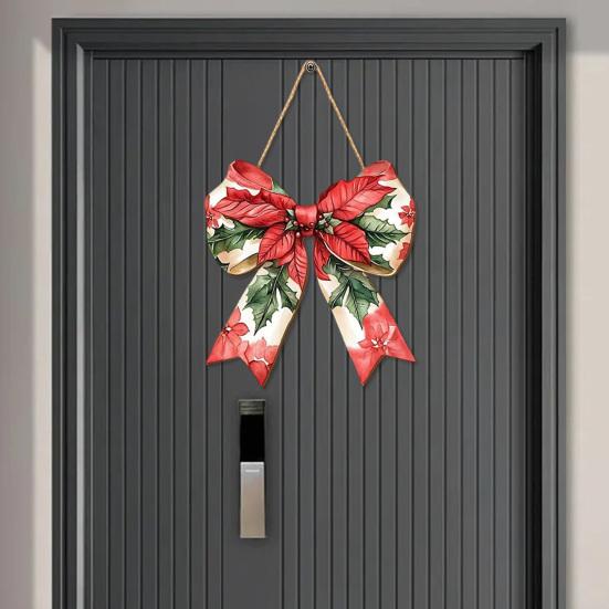 Christmas Bow Wooden Door Sign 12 Inch Large Bow Hanging Welcome Sign Vintage Wall Art