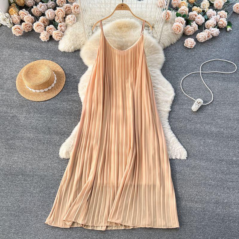 Idle Style Chiffon Pleated Long Sling Vacation Skirt