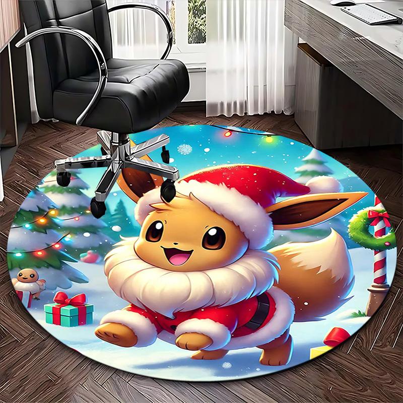 1pc Christmas Eevee Santa Claus Round Carpet - Anime Design, Holiday Gift, Office Chair Mat, Non-Slip Rug for Home Decor, Living Room