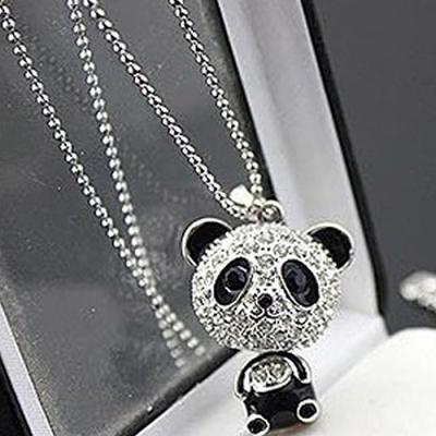 Frauen Mode Schöne Strass Panda Anhänger Perlen Lange Pullover Kette Halskette