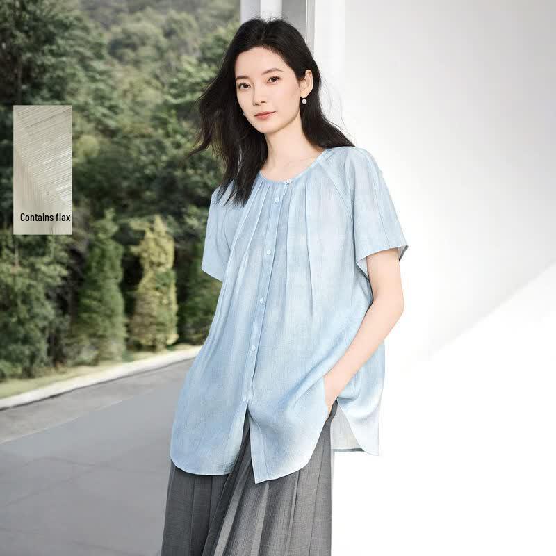 IHIMI Women s Textured Pleated Short Sleeve Round Neck Blouse L