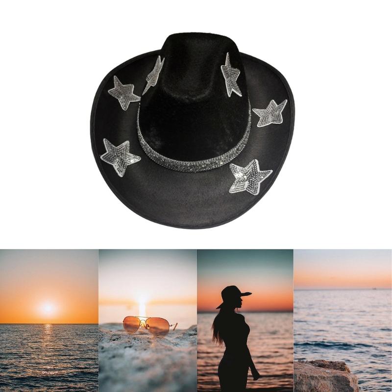 Thick Windproof Cowboy Hat with Sequins Star Pattern Rolled Brim Felt Cowboy Hat