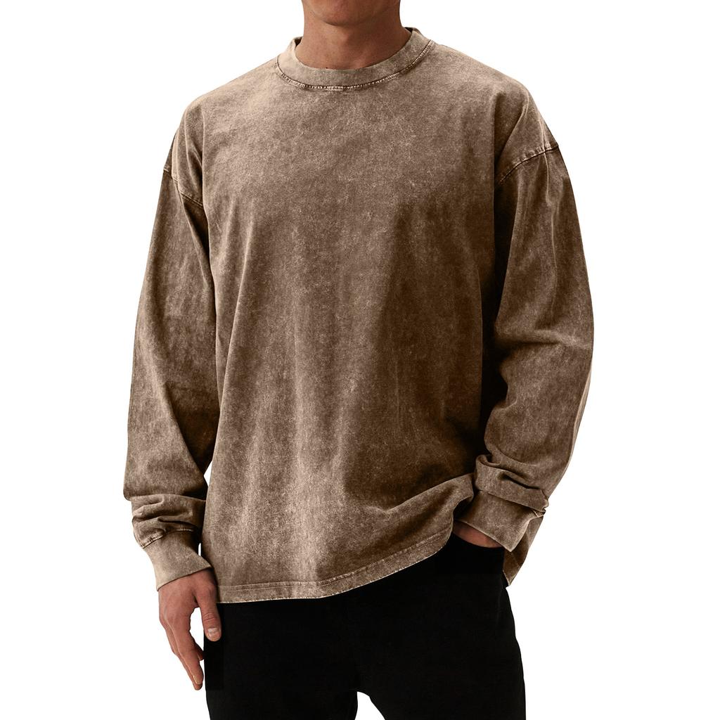 Men's Solid Color Washed Long Sleeve Round Neck Tops Men's Casual Fashion Tops