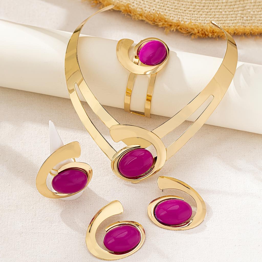 Elegantes 5-teiliges Damenschmuckset im Urlaubsstil - Asymmetrisches Edelstein-Halsketten-, Ohrring-, Armband- und Ring-Set