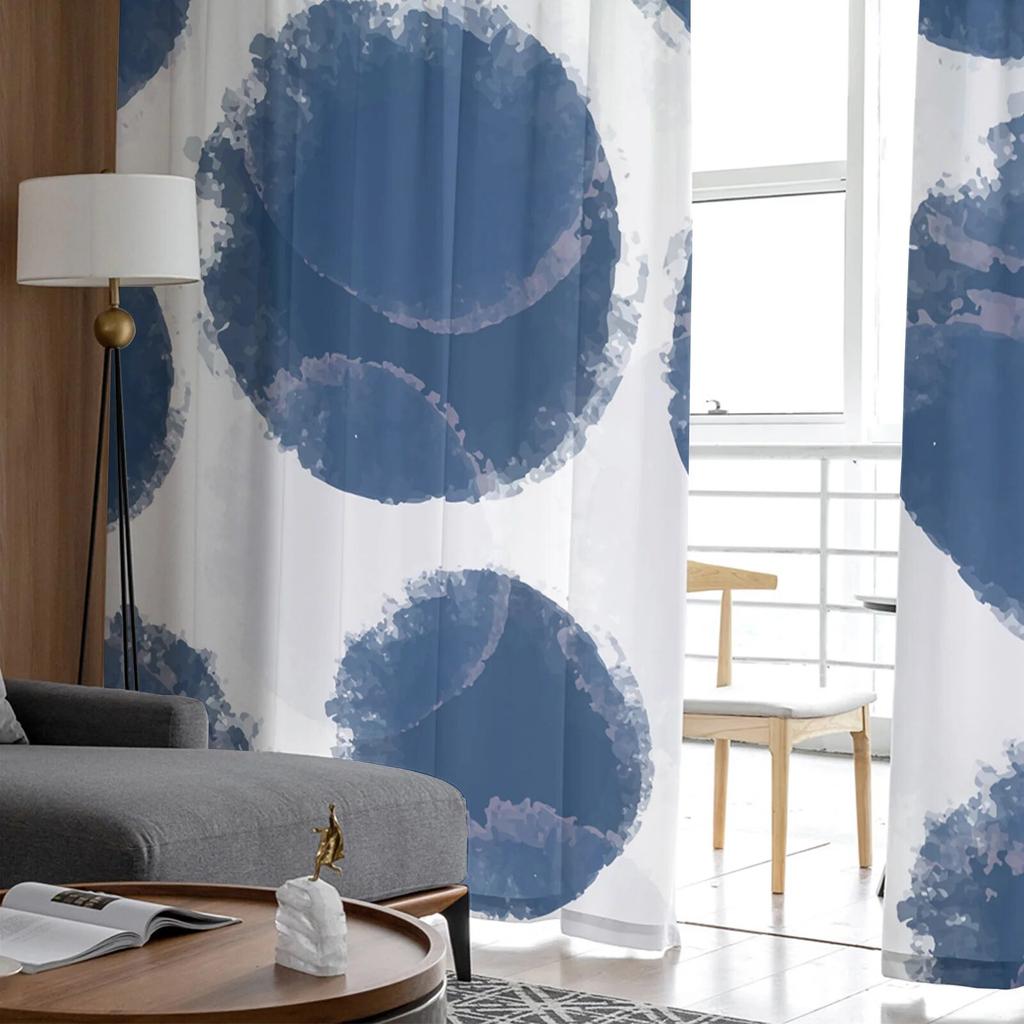 Watercolor Vintage Blue Tulle Curtains for Living Room Bedroom Sheer Curtain for Balcony Hall Fashion Printed Home Drapes