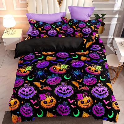 Halloween Theme Duvet Cover Set Cartoon Pumpkin Bat Print Bedding Set Soft Comfortable Breathable Duvet Cover For Bedroom