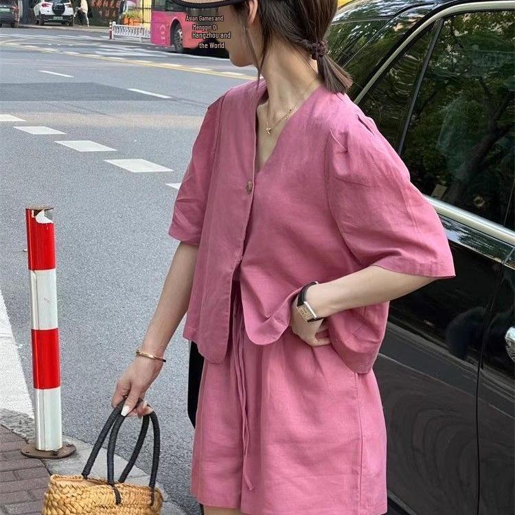 Dopamine French Chic New Chinese Style Summer Suit: Elegant Top & Wide-Leg Shorts, Retro Versatile Two-Piece Set
