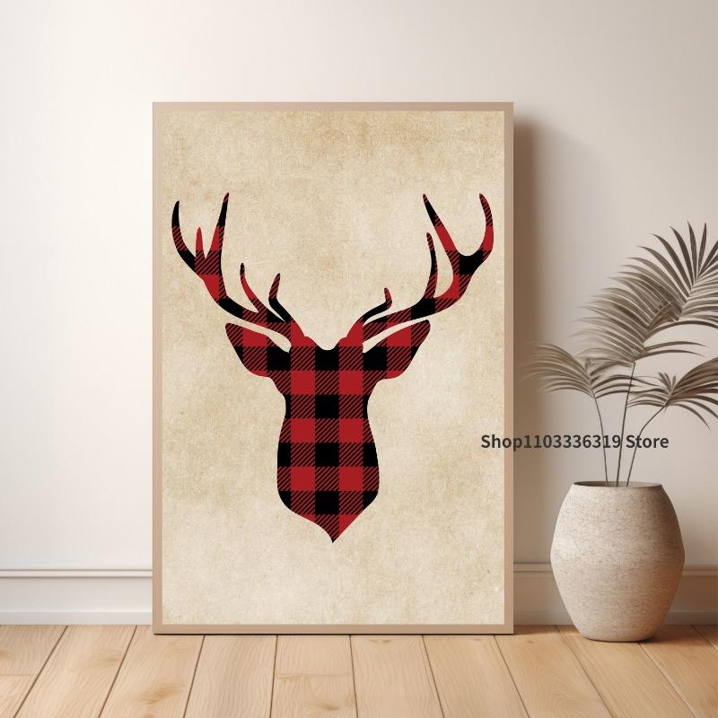 Vintage Joy Christmas Holiday Deer Red Plaid Style Art Poster Canvas Painting Wall Prints Picture for Living Room Home Deco