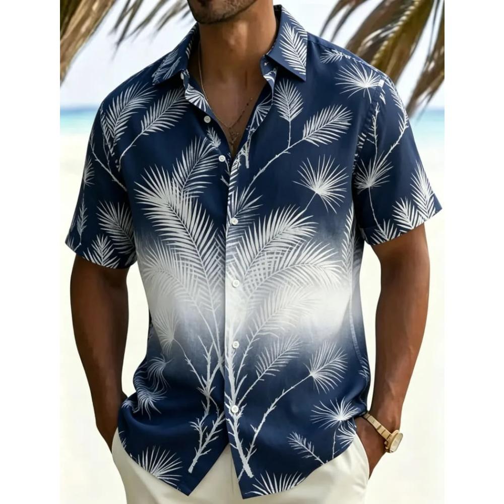 Men's Tropical Gradient Plant Printed Short Sleeved Shirt, Suitable For Summer Travel, Beach Leisure, And Daily Casual Wear