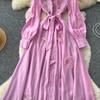 Chic Vintage Three-dimensional Single Breasted Slim Elegant Fairy Korean Fashion Boho Women Clothing Long Dress