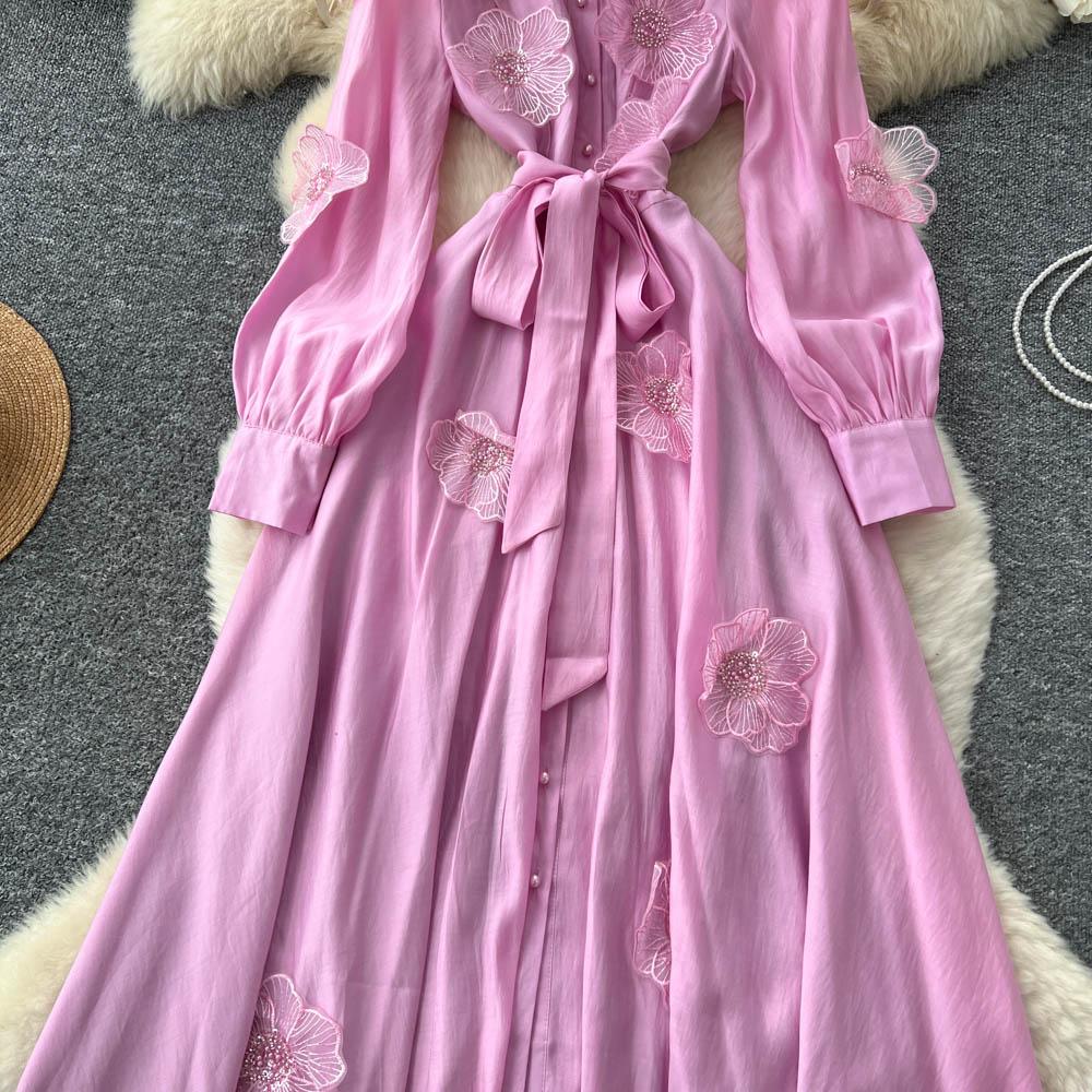 Chic Vintage Three-dimensional Single Breasted Slim Elegant Fairy Korean Fashion Boho Women Clothing Long Dress