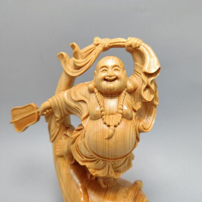Natural Cypress Joyful Maitreya Buddha Figure Decoration Statue-Distinctive WoodCarving Suitable for Home Room Office Decorative