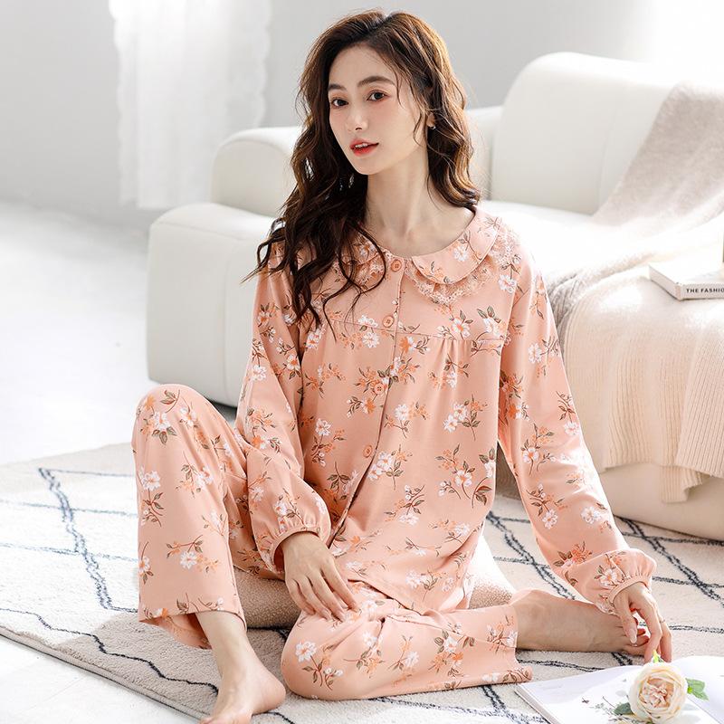 Pajamas Women'S Autumn Pure Cotton Long-Sleeved Crew Neck Cardigan Loungewear Medium Cotton Spring And Autumn Can Be Worn Outside Loungewear