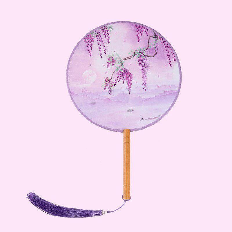 Double-Sided Classical Fan, Ancient Style Semi-Transparent Round Fan with Tassels, Women's Ancient Costume Hanfu Cheongsam Silk Fan