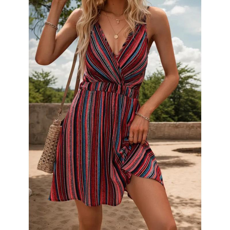 Summer new striped v-neck suspender dress exotic bohemian vacation dress