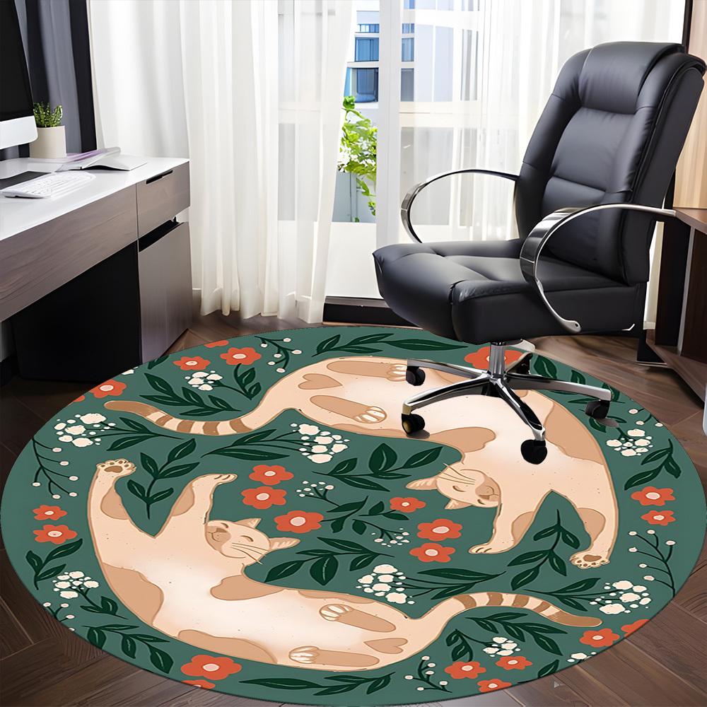 1pc Floral Cats Office Round Area Rug, Mat Suitable For Office, Under Office Chairs Bedroom Living Room Home Decor, Room Deco