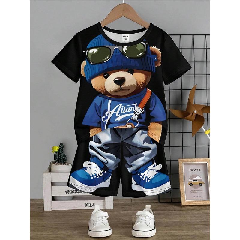 Anime Trend Bear Print Short Sleeve T-shirt Shorts 2 Summer Men's Fashion Street Short Sleeve Suit Heat Insulation Anti-wrinkle