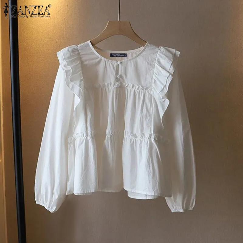 ZANZEA Women Casual O-neck Long Sleeve Loose Ruffles Blouse