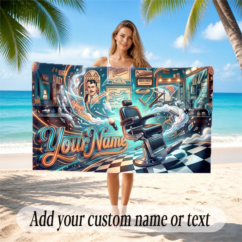 Barber Salon Theme Quick Dry Beach Towel Custom Name Text Print Large Sand Resistant Towel Beach Vacation