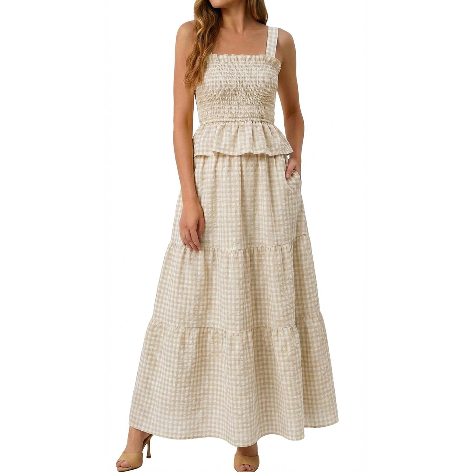 Women s Summer Fashion Plaid Square Neck Camisole Top and High Waist Pocket Skirt Casual Two Piece Set for Outdoor Wear L хаки