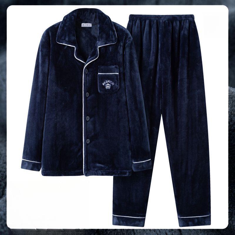 Men's Coral Fleece Velvet Pajamas Set - Thick, Warm, Long-Sleeved Flannel for Autumn and Winter