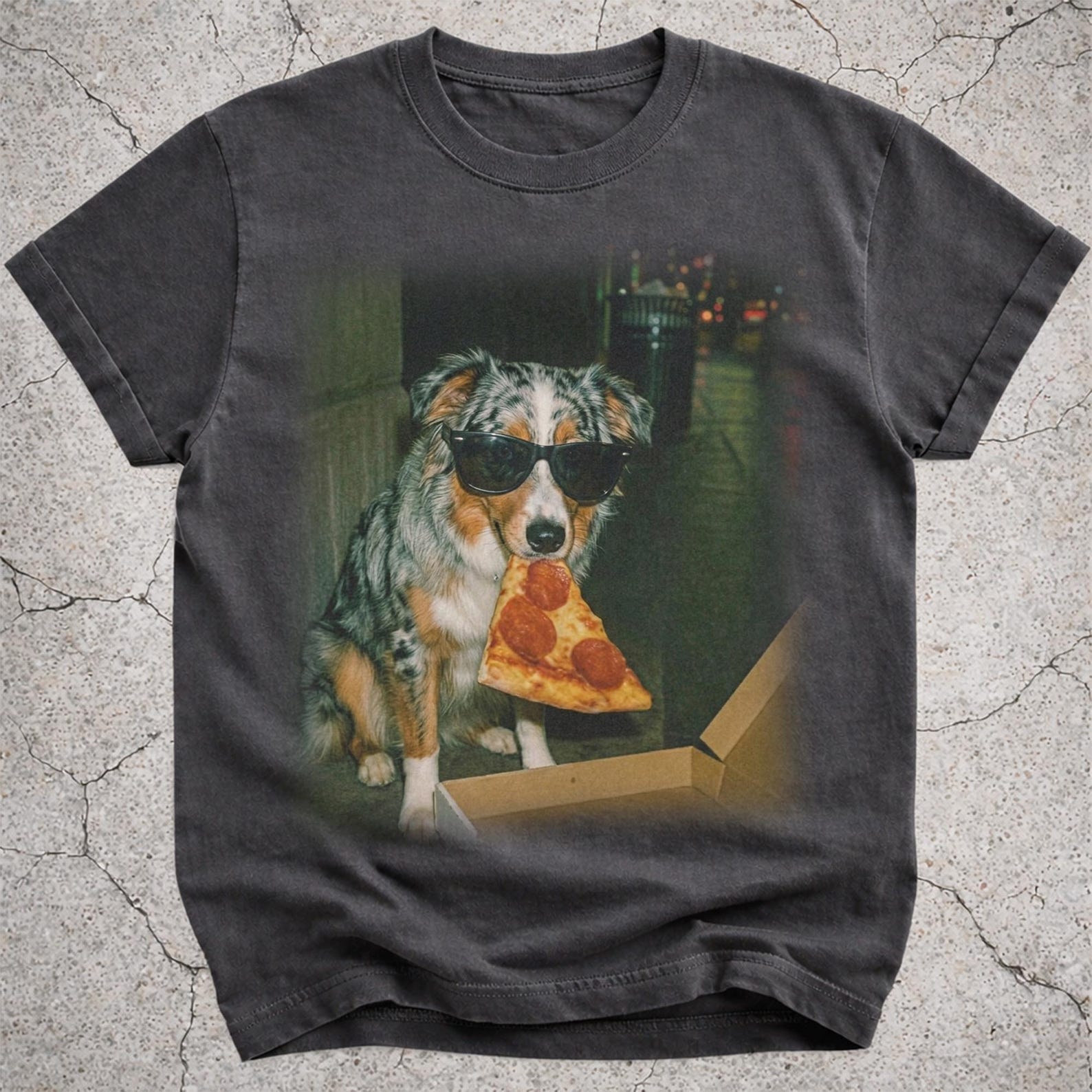 Australian Shepherd Eating Pizza Shirt, Funny Aussie Dog Meme T-Shirt, Pizza Lover Gift, Aussie Owner Vintage Tee, Silly Dog Novelty Shirt 2XL