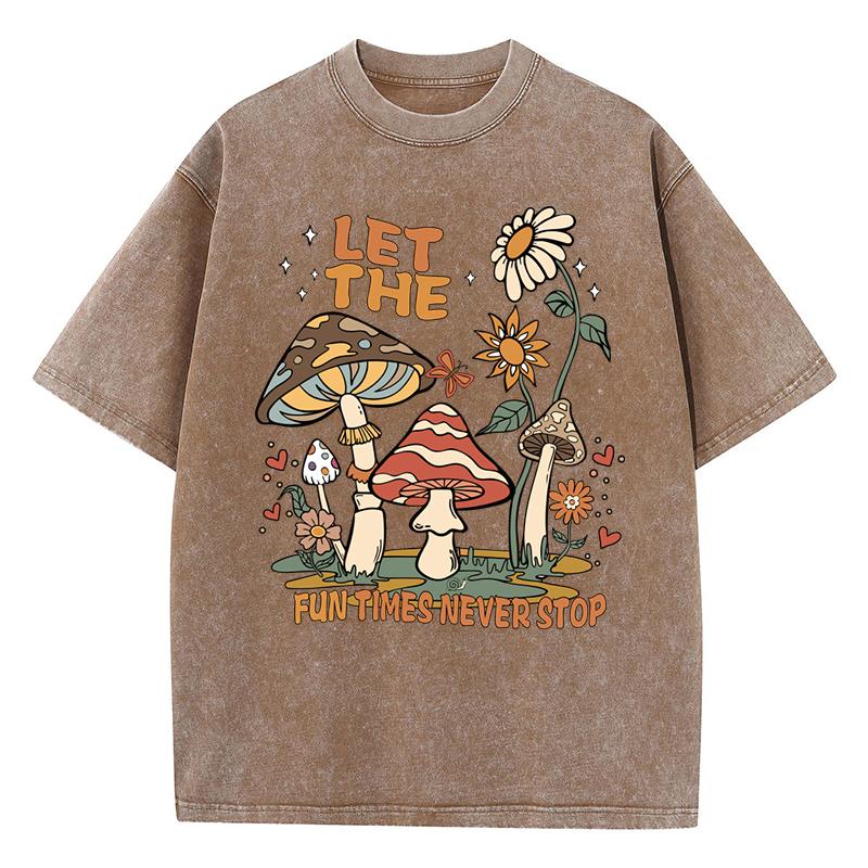 Fun Times Never Stop Mushroom Sunflower Print Washed Womens T-Shirt Loose T Shirts Summer Cotton Streetwear Clothes