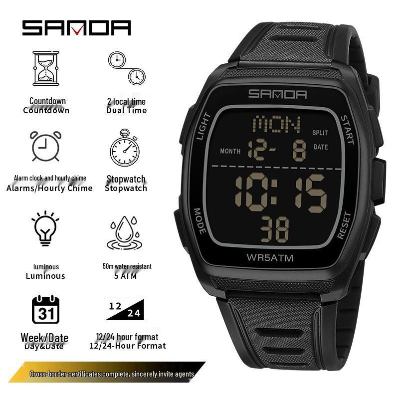 Sanda Trend Student Sports Electronic Watch: Luminous, Alarm, Dual Time, Waterproof, Chronograph