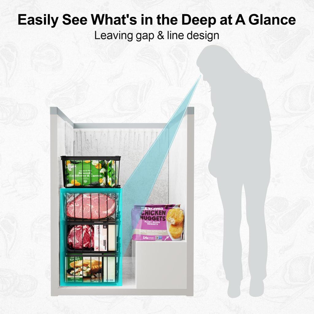 4 Pack Freezer Organizer Bins Stackable Deep Freezer Bins for 5 Cu Ft Chest Freezer Easy Access Food Space Saving Black Durable