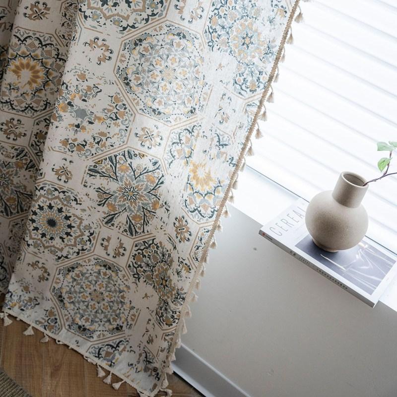 American Style Cotton Hemp Curtains Retro printed Tassel Curtains Living Room Kitchen Bedroom Drapes Float Window Semi-shading