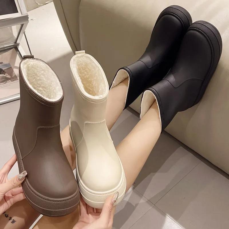 Plus Samt Warme Regenstiefel Damen Mid-Tube Rutschfeste Regenstiefel Verschleißfest Wasserdicht Schneestiefel Damen Feste Baumwollabdeckung