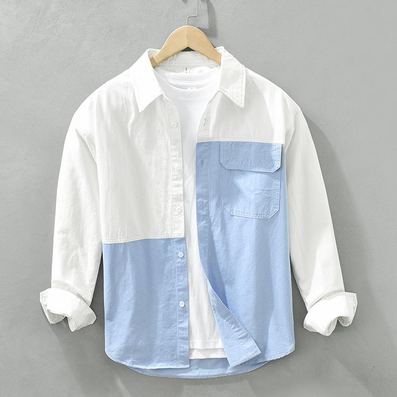 Koreanischer Streetstyle Lockeres Oberteil Frühling und Sommer Reine Baumwolle Herren Freizeitshirt Reversnaht Langarmhemd Jugendmode Herrenbekleidung