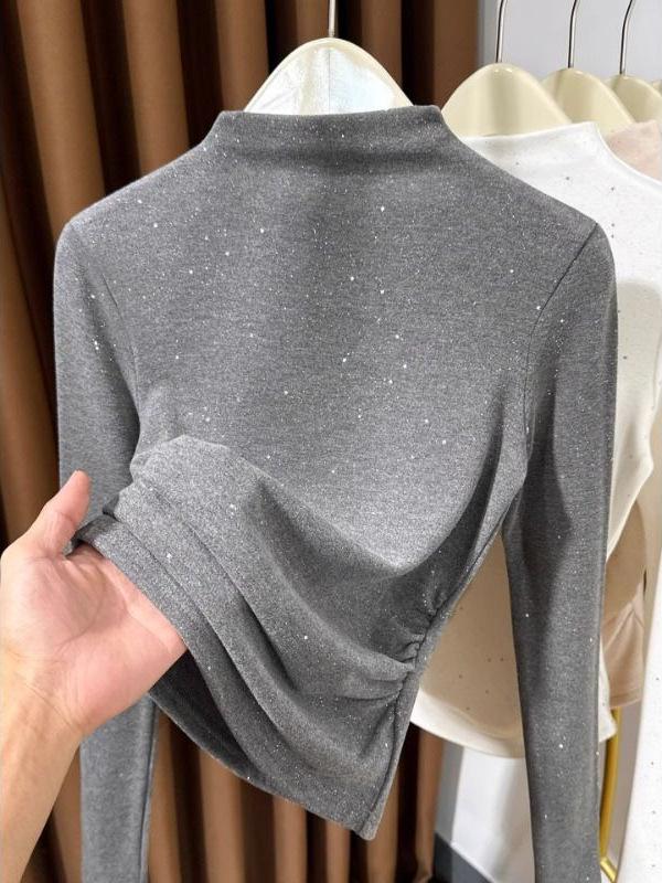 Women's Shiny Half-High Neck Slim Fit Stretchy Long Sleeve Base Layer Shirt for Autumn/Winter