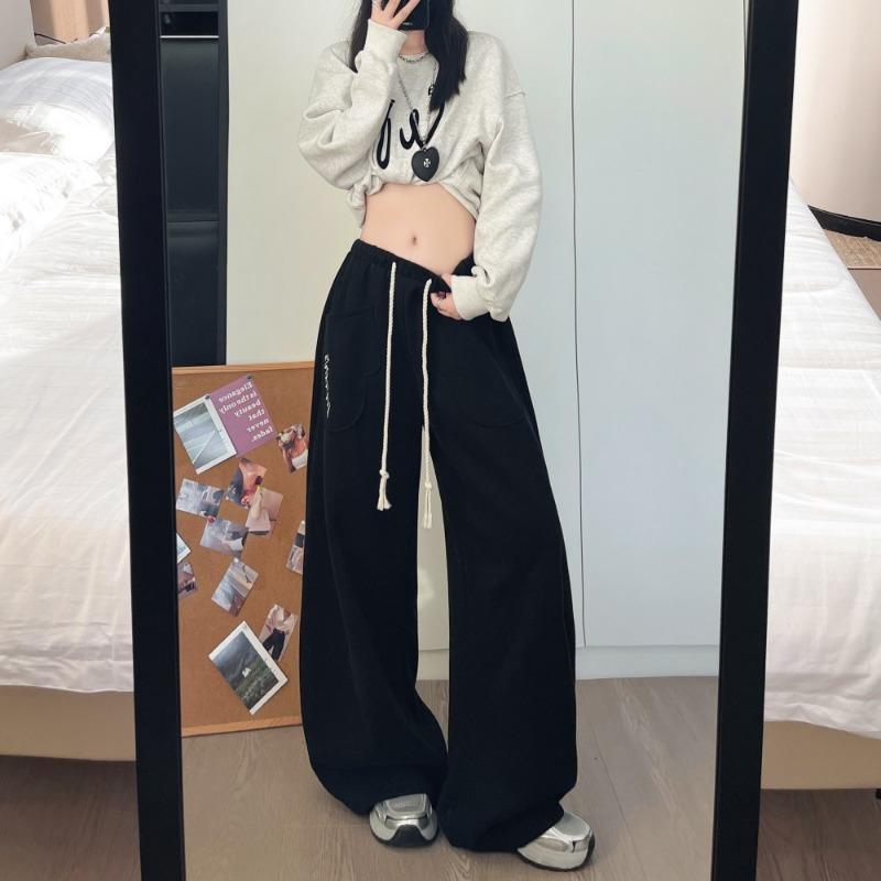 Lazy Wind Big Pocket Embroidered Scimitar Wide-leg Pants Women's Spring, Autumn and Winter New High Waist Loose and Thin Casual Pants