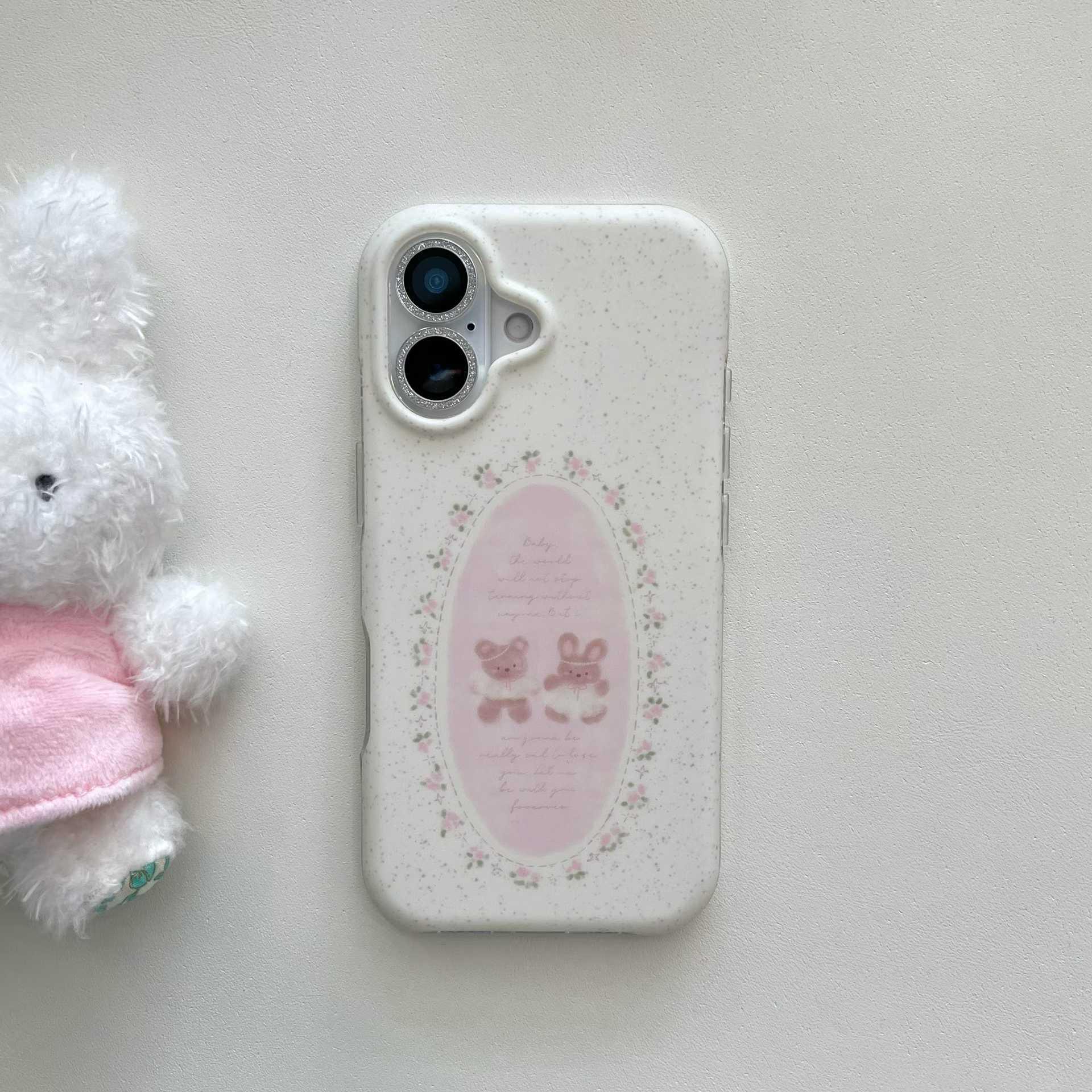 

Girly Heart Floral Bear Phone Case for iPhone 16/15/17 Pro Max with Matte Finish and Chain Attachment iPhone 17 Pro Max
