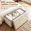 Velvet Upholstered Foldable Ottoman Footrest, Storage Ottoman Bench with Wood Legs for Living Room, Cream White