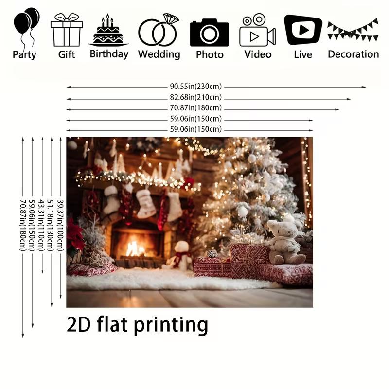 2D Cozy Fireplace Christmas Photography Backdrop, Rustic Cabin with Warm Fire & Holiday Decorations