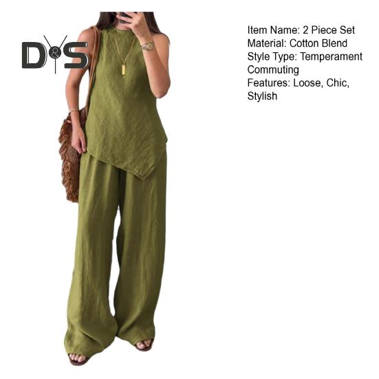 2-teiliges Outfit für Damen mit unregelmäßigem Saum, ärmelloses Oberteil mit Rundhalsausschnitt, Hose mit weitem Bein, Lounge-Set, lässiger Sommer-Trainingsanzug