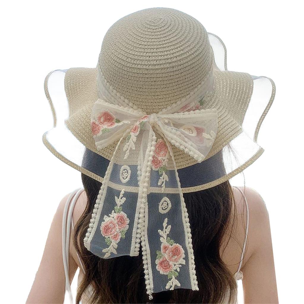 Summer Beach Straw Sun Hat Breathable Sun Hat Travel Wide Brim Summer Straw Hats with Ribbon for Outdoor Sports Hiking Travel