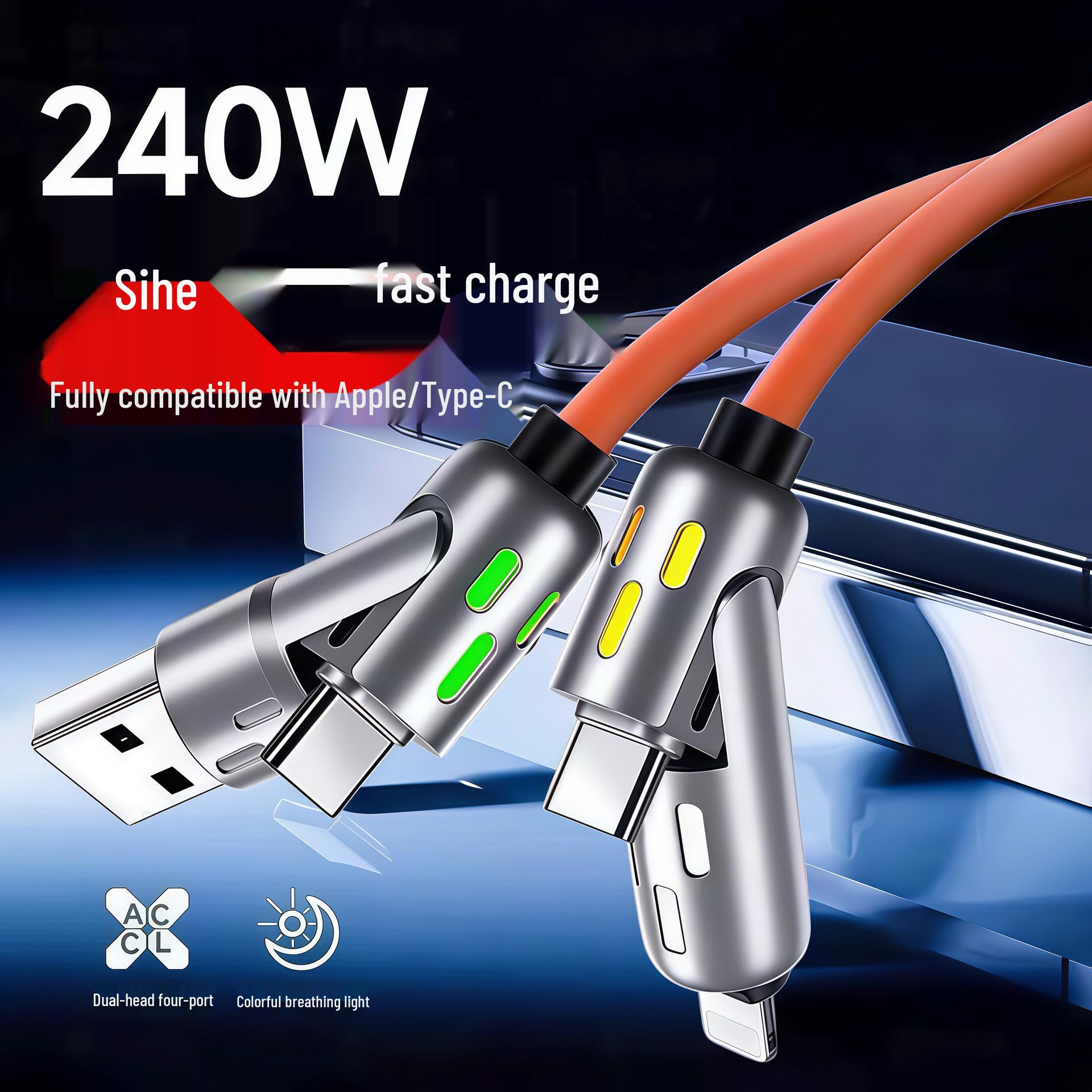 

4-in-1 6A Fast Charging Cable with Running Horse Light for Apple, Huawei, Xiaomi, Samsung