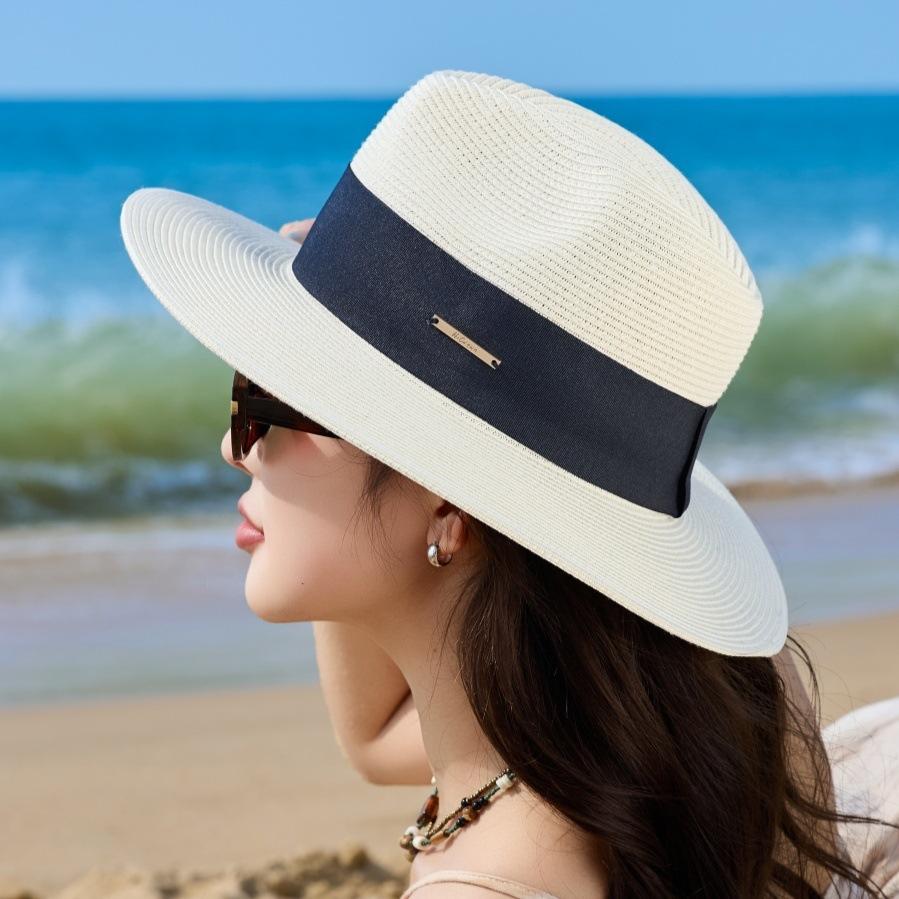 Straw Hat Women's Summer UV Protection Versatile Beach Top Hat Jazz Hat Trendy Breathable Sun Hat